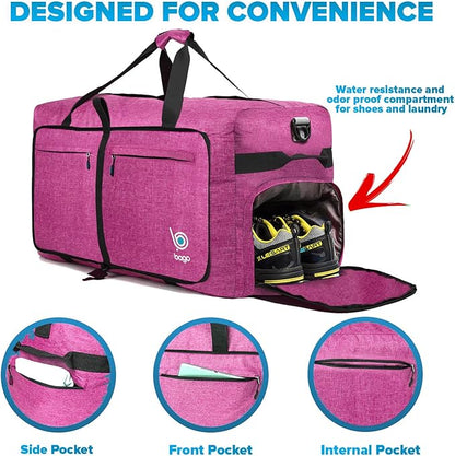 Bago Large Foldable Duffel Bags for Traveling Women & Men - 100L Packable Duffle Bag for Travel with Shoe Compartment - Water Repellant, Heavy Duty, Lightweight Folding & Collapsible (SnowPink)