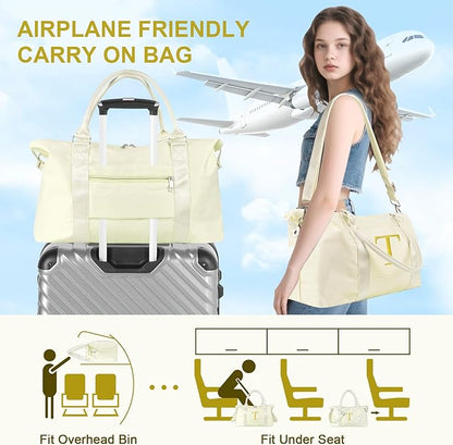 Personalized Initial Gym Dance Bag, Travel Duffel Bag for Teen Girls, Carry On Bag Overnight Weekender Bag with Trolley Sleeve, Birthday Gifts for Women Mom Daughter Graduation Gift(Letter T, Beige)