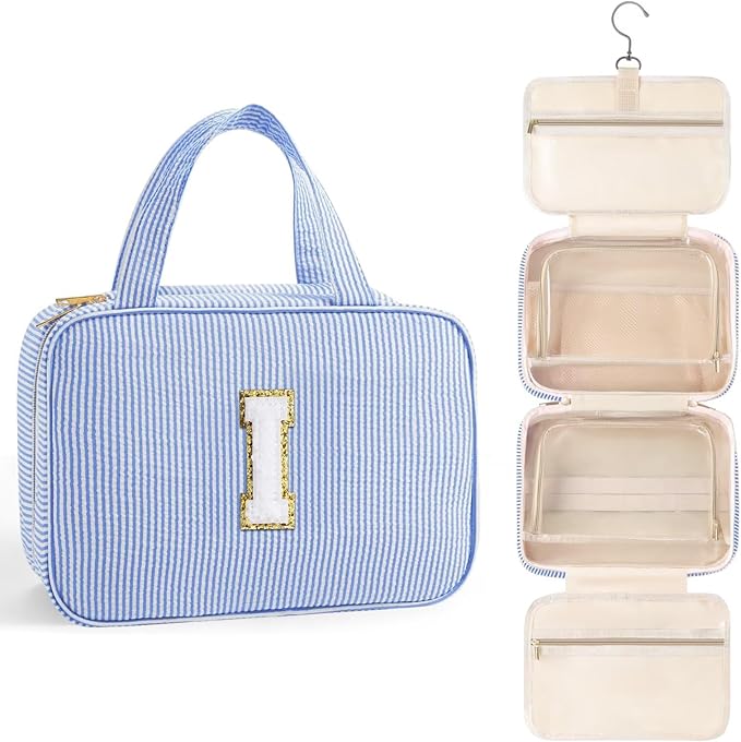 TOPEAST Travel Toiletry Bag for Women - Hanging Toiletry Bag Makeup Bag, Portable Toiletries Cosmetic Bag, Airplane Travel Essentials - Letter I, Blue