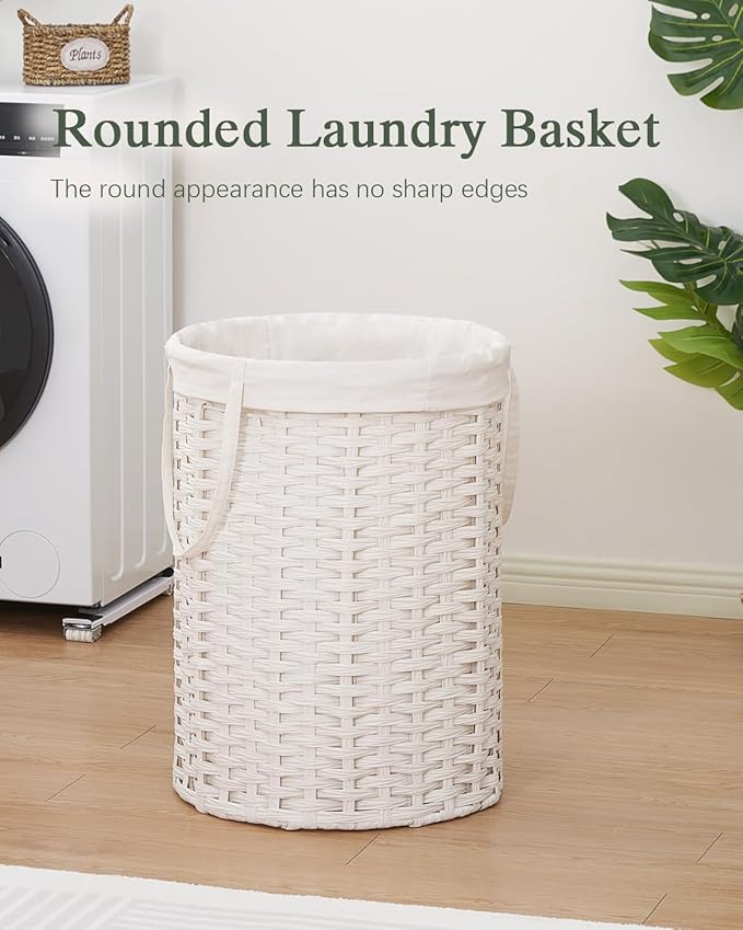 Laundry Basket Round Rattan Laundry Hamper 29.1 Gal (110 L) Handwoven Large Wicker Basket with Handles, Wicker Hamper with Removable Bags and 2 Mesh Bags for Bathroom Living Room White