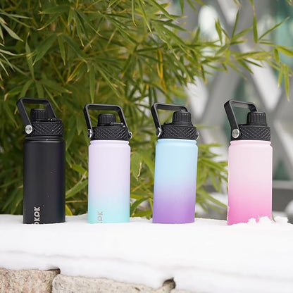 BJPKPK 2 Pack Insulated Water Bottles with Straw Lids, 18oz Stainless Steel Metal Water Bottle with 6 Lids, Leak Proof BPA Free Jugs, Cups, Flasks for Travel, Sports (Army Green+Mint)