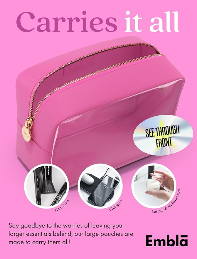 Embla London Makeup Bag Cosmetic Case, Clear Zipper Make Up Pouch and Toiletry Travel Tote, Cute Skincare Pouches for Women Girls, Preppy Purse Cosmetic Organizer, Large Makeup Bags, Bubblegum