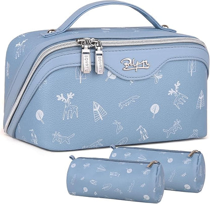 BOYATU Travel Makeup Bag Cosmetic Bags for Women: 3 Pcs Set Portable Make up Bag with Handle - PU Leather Toiletry Bags with Compartments - Makeup Organizer for Travel Essentials(L-2-Blue)