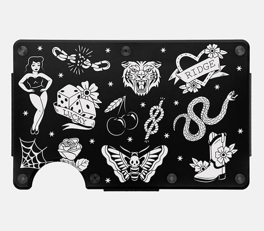 Ridge Wallet for Men - Slim Minimalist Compact Wallet and Card Holder, RFID Protected Front Pocket Wallets for Men with Integrated Cash Strap (American Traditional Tattoo B&W)