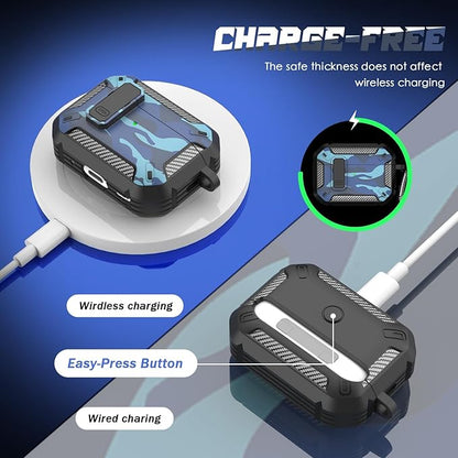 RFUNGUANGO for AirPods Pro 2nd Generation Case Cover with Cleaner Kit, Military Hard Shell Protective Armor with Lock for AirPod Gen 2 Charging Case 2023,2022, Front LED Visible,Grey Camou