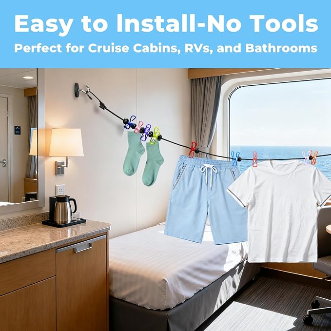 Magnetic Clothesline for Cruise Ship Cabin Approved – Non-Scratch Rubber-Coated Magnets with 12 Clips & Waterproof Storage Bag, Portable Travel Clothes Line, Cruise Essentials 2025