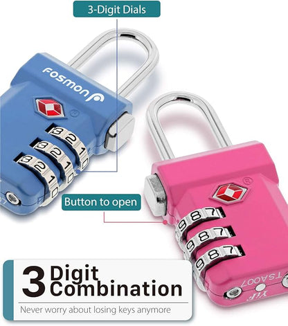 Fosmon TSA Approved Luggage Locks, Suitcase Travel Lock with Push Release Button, 3 Digit Combination Padlock for Gym Locker, Backpack Zipper- 4 Pack