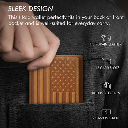 Trifold Leather Wallet for Men RFID Blocking – Mens Trifold Wallet Leather with 12 Card Slots, Gift for Men, American Flag Wallet Brown