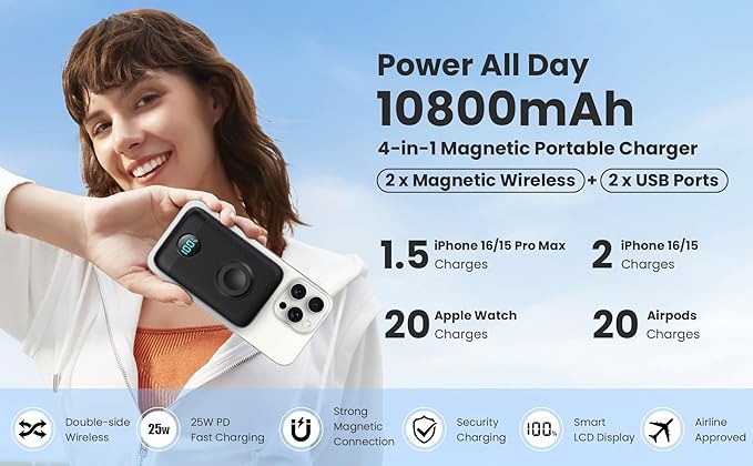 Magnetic Portable Charger for iPhone & Apple Watch,10800mAh 25W PD QC4.0 Fast Charging USB C Power Bank,4 Output Dual-Side Magnet Travel Essentials Battery Pack for iPhone 17/Air/16/15/14/13/12 Series