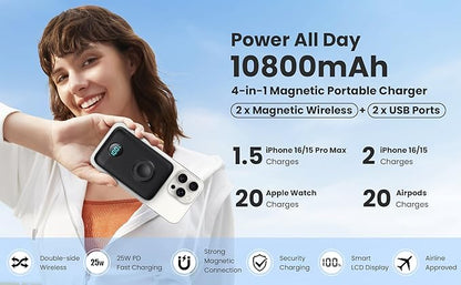 Magnetic Portable Charger for iPhone & Apple Watch,10800mAh 25W PD QC4.0 Fast Charging USB C Power Bank,4 Output Dual-Side Magnet Travel Essentials Battery Pack for iPhone 17/Air/16/15/14/13/12 Series