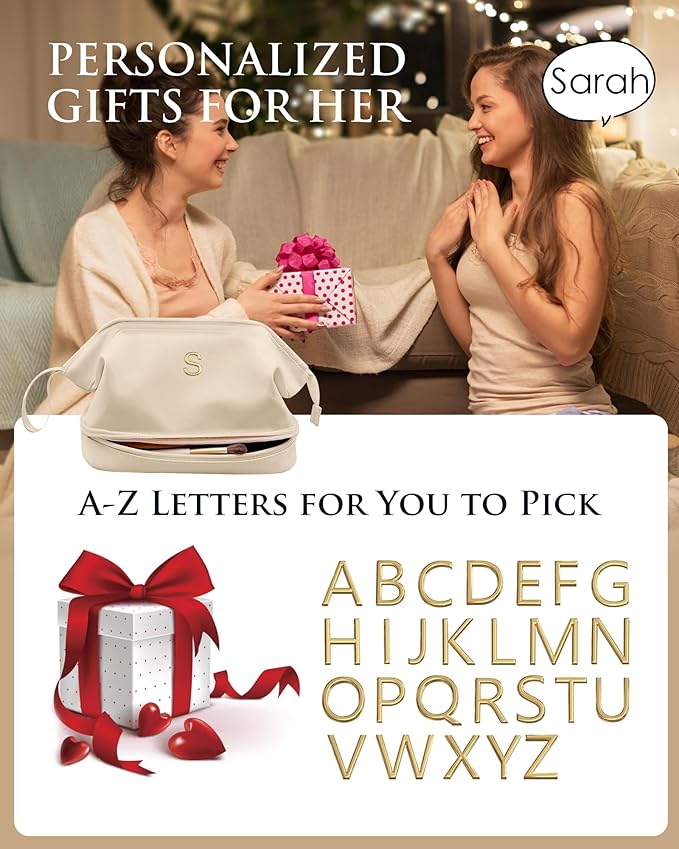 Wedding Gift Initial Makeup Bag, Personalized Double Layer Cosmetic Bag with Makeup Brush Organizer, Waterproof, Large Capacity PU Leather Travel Toiletry Bag Retirement Gifts, Daughter Gifts