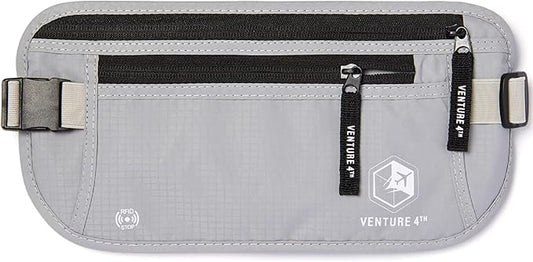 VENTURE 4TH Travel Money Belt - Slim Passport Holder RFID Blocking Travel Pouch to Protect Cash, Credit Cards and Travel Documents (Silver)