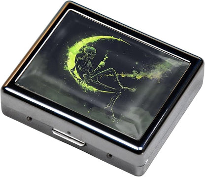 7 Days Chromed Shiny Silver Pill Organizer with Mirror Inside Has 8 Separate Compartments Rectangle Cute Travel Pill Organizer for Purse 7 Days (The Skeleton on The Moon)