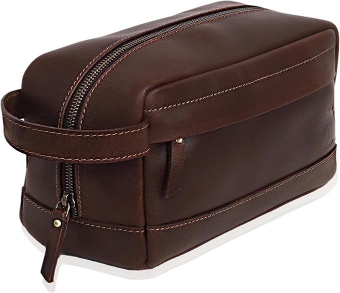 Leather Farm Premium Buffalo Leather Toiletry Bag for Men & Women - Dopp Kit With Water Resistant Lining, Shaving Pouch, Unisex Wash Bag For Toiletries, Gifts For Men and Women - Dark Brown