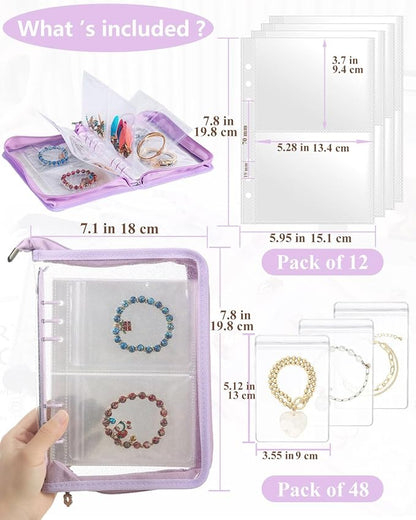 AOLEIXIYA Jewelry Organizer Book Clear Travel earring book organizer Transparent Jewelry Book with Zipper Pouch Bags (Purple,With 48 PCS Large Jewelry Bags)