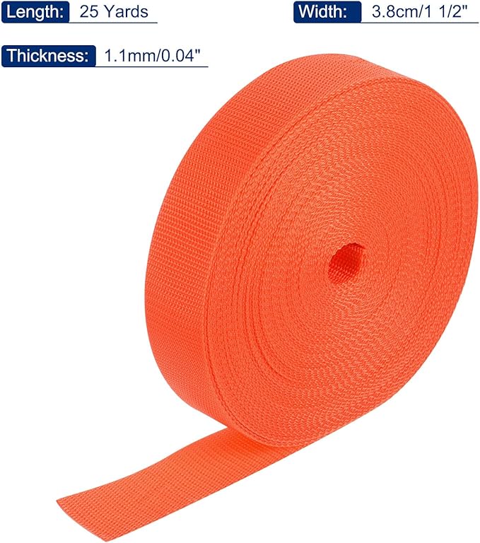 MECCANIXITY Lightweight Polypropylene Webbing Strap 1 1/2" 25 Yard Backpack Strapping Band Orange for Outdoor Luggage Cargo Straps