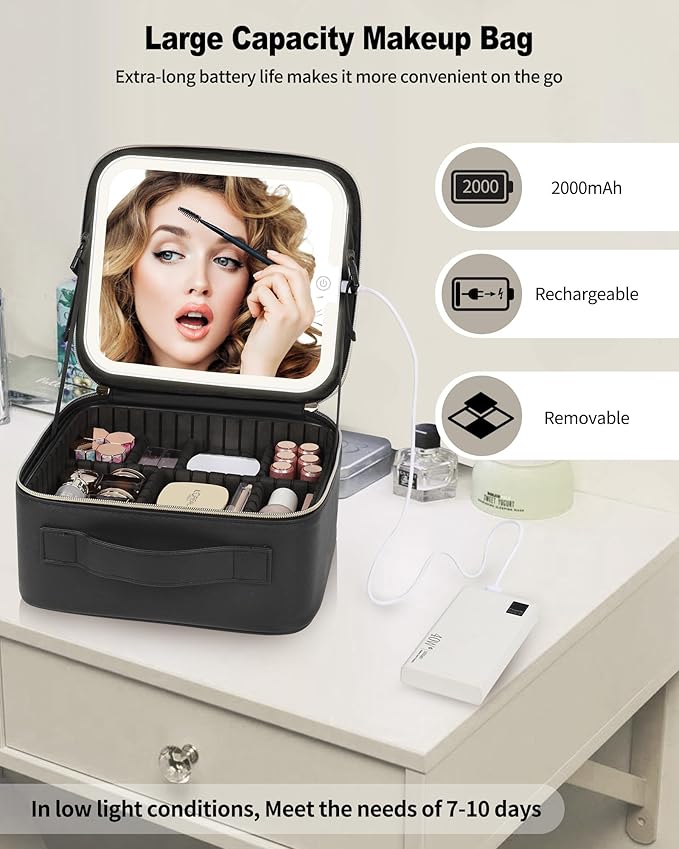 TANTO Makeup Bag With LED Mirror, Travel Makeup Case with Light up Mirror Large Cosmetic Case with 3 Color Lighted Portable Organizer Bag with Adjustable Dividers（Black）