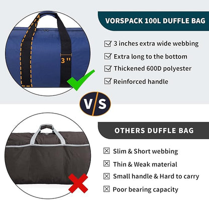 Vorspack Extra Large Duffle Bag for Travel - 100L Duffel Bag for Men Gear Bag for Storage Foldable Weekender Bag for Overnight Camping - Blue