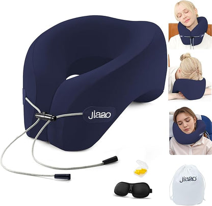jiaao Neck Pillow Airplane, Ergonomic Memory Foam Travel Pillows for Long Flights, 3D Eye Masks, Ear Plugs and Portable Drawstring Bag, Napping Pillow for Home, Sleep Rest, Family and Travel Use