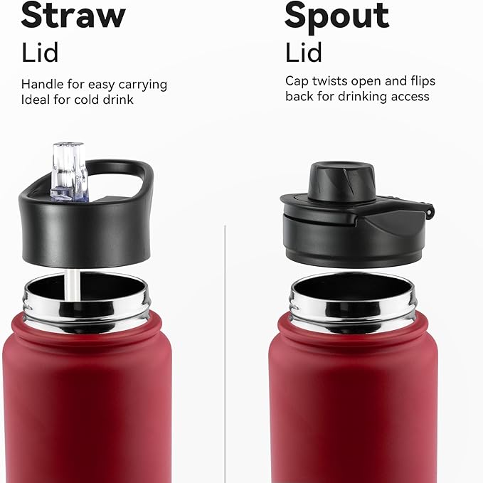 24oz Insulated Water Bottle with Straw Lid, Stainless Steel Metal Water Bottle with Straw & Wide Mouth Lid, Double Wall Vacuum Water Bottle for Hiking Camping, Red 8 Pack