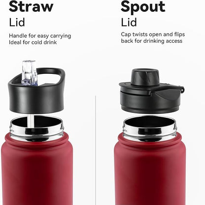 24oz Insulated Water Bottle with Straw Lid, Stainless Steel Metal Water Bottle with Straw & Wide Mouth Lid, Double Wall Vacuum Water Bottle for Hiking Camping, Red 4 Pack