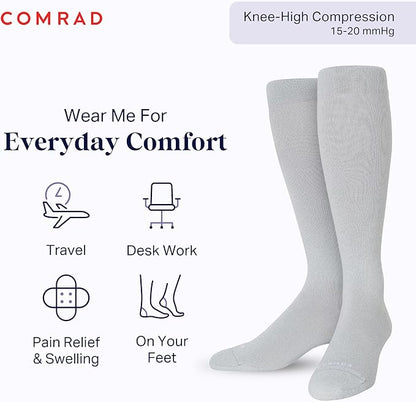 Comrad Nylon Knee High Socks - 15-20mmHg Graduated Compression Socks - Soft & Breathable Support Unisex Socks