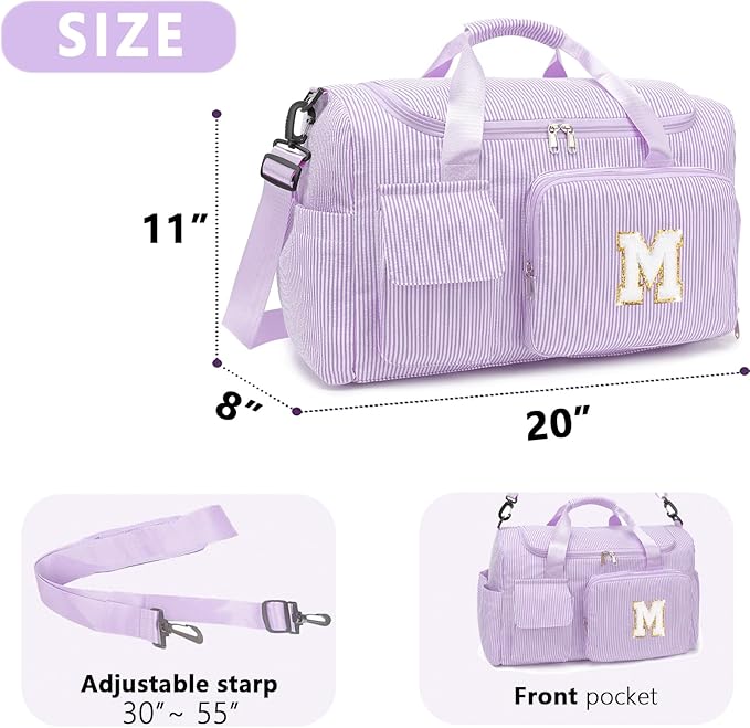Kids Travel Duffle Bag Dance Bag Gifts for Girls Initial Gym Bag with Shoes Compartment for Women Lightweight Weekender Bags Purple-M