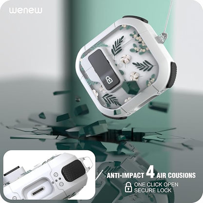 WENEW Case for AirPods 4th Case Cover Secure Lock Automatic Snap Switch Clip Cleaner Kit Lanyard Women Stylish Flower Armour Hard Shell Full Body Front LED Visible (Green Leaves, AirPods 4th)