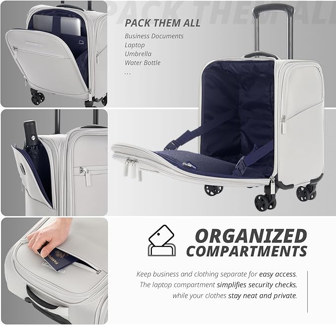 Verage Under Seat Luggage with Wheels, Softside Small Suitcase Spinner Carry On Luggage Bags for Airlines Airplanes Short Trip Men Women (Cloud Gray, 14.5-Inch Plus Underseat)