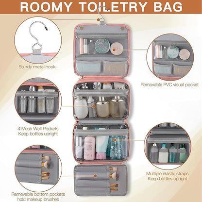 Elviros Hanging Travel Toiletry Bag for Women,3-in-1 Large Makeup Bag and Cosmetic Organizer,Vegan Leather Waterproof Skincare Case for Travel Size Toiletries and Accessories,Gift for Women