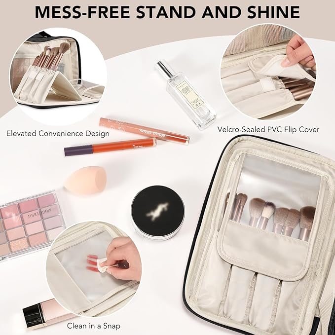 Travel Makeup Bag Women's Large Capacity Cosmetic Portable Organizer Large Opening Waterproof Storage Toiletry Bags Vertical Free-Standing Brush Holder for Easy Access Black