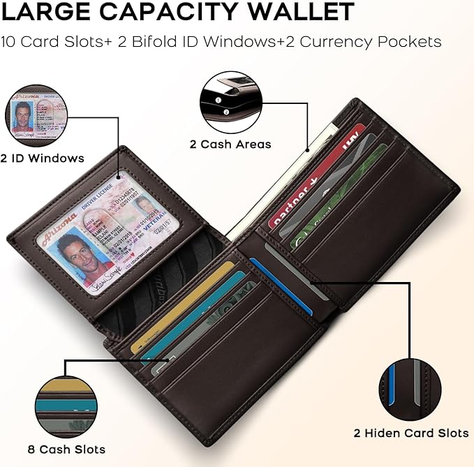 Genuine Leather Wallet for Men 12 Cards Mens Wallet Bifold Rfid Blocking with 2 ID Windows Card Holder Wallet with Gift Box