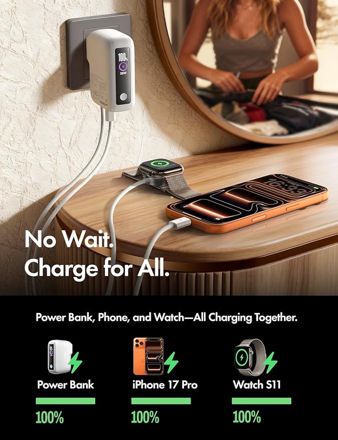 LISEN 3 in 1 Fast Travel Charger, 35W Power Bank Fast Charging Portable Charger with Wall Plug Built in Cable, 7000mAh Traveling Essentials Christmas Vacation Gifts for iPhone 17 16 Pro Samsung S25 24