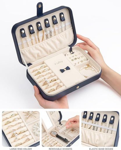 Travel Jewelry Case, Jewelry Box Small PU Leather Portable, Jewelry Travel Case for Rings Earrings Necklaces Bracelets Watch, Navy A
