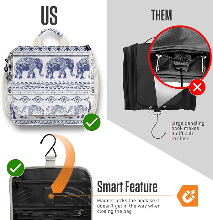 VENTURE 4TH Hanging Travel Toiletry Bag for Women & Men - Travel Organizer with Expandable Compartments & Removable Clear Pouch for Toiletries (Blue Elephant)