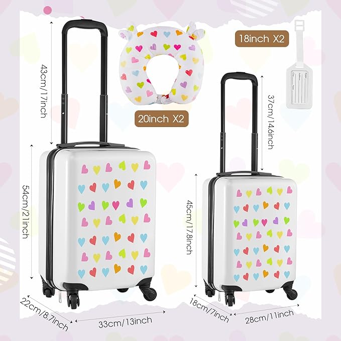 Sanwuta 6 Pcs Kids Luggage Set Kids Rolling Suitcases for Girls(White,18", 20",Heart)
