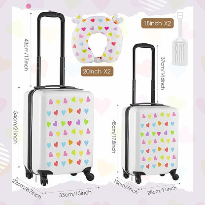 Sanwuta 6 Pcs Kids Luggage Set Kids Rolling Suitcases for Girls(White,18", 20",Heart)