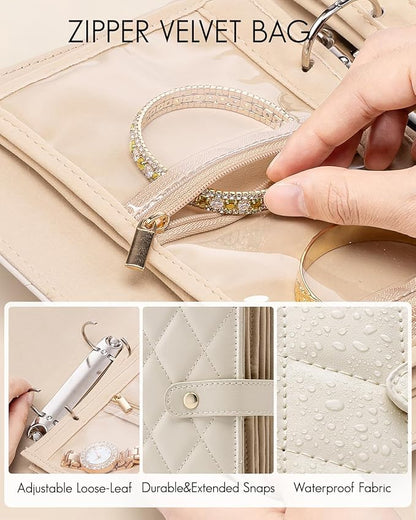 Vlando Teacher Gifts for Women,Travel Jewelry Organizer Case,Jewelry Storage Book Ring Binder with Clear Zipper Velvet Jewelry Pouches Bags for Rings,Necklace,Earrings-Cream White