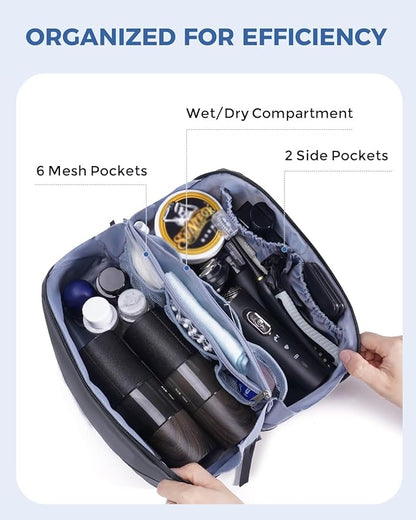 WANDF Toiletry Bag for Men, PU Leather Travel Organizer with Detachable Waterproof Hanging Pouch, Open-Flat Dopp Kit Shaving Bag with Wet Pocket for Travel Toiletries Accessories (Dark Gray)