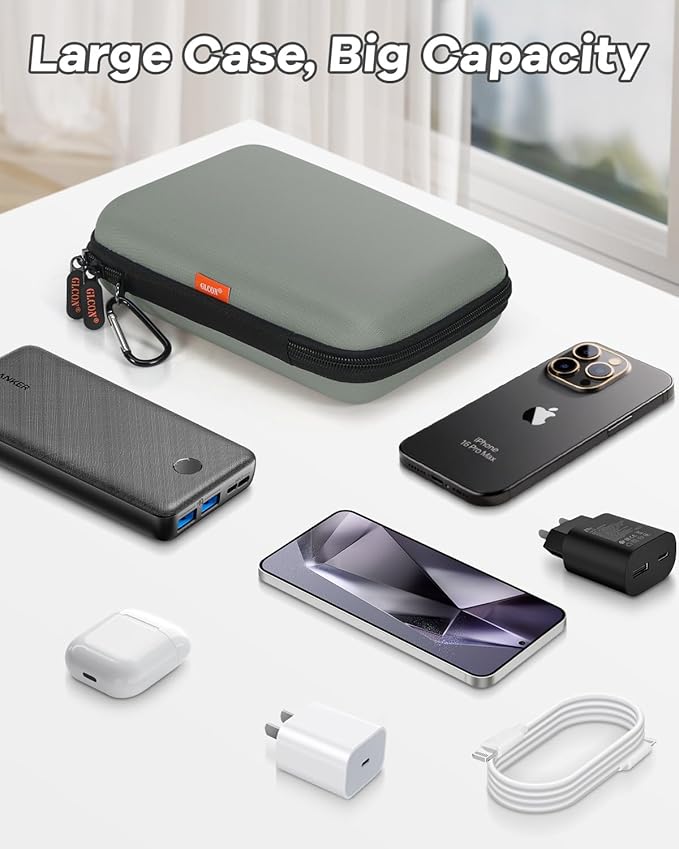 Gray-Green Hard Shell Carrying Case for External Hard Drive, Hard Disk, Power Bank, Charger, Cable, Cell Phone, Electronic Accessories - Larger Capacity Storage Pouch Shockproof Travel Case Bag