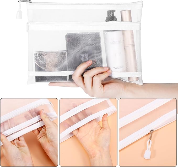 12 Pieces Zipper Nylon Mesh Pouch, Mesh Cosmetic Bags Makeup Bags Pencil Case, Multipurpose Travel Bags for Cosmetic School Office Supplies and Travel Accessories (2 Layers-White, A5)