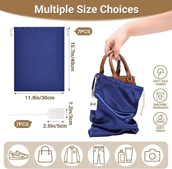 Ewen 7 Pack Satin Drawstring Shoe Bags with Blank Tags, 11.8x15.7in Dust Bags for Handbags Home Storage, Travel Essentials Small Packing Bag Dustproof, Dark Blue Purse Organizer Jewelry Organization