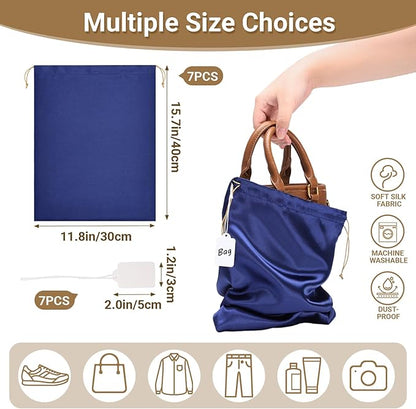 Ewen 7 Pack Satin Drawstring Shoe Bags with Blank Tags, 11.8x15.7in Dust Bags for Handbags Home Storage, Travel Essentials Small Packing Bag Dustproof, Dark Blue Purse Organizer Jewelry Organization