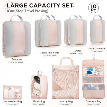 10 Set Compression Packing Cubes for Travel Gifts Women Mom,OlarHike Luggage Clothes Organizer for Travelers,Airplane/Cruise/Car/Train Travel Essentials,Compressible Expandable Saver Space Bags(Beige)