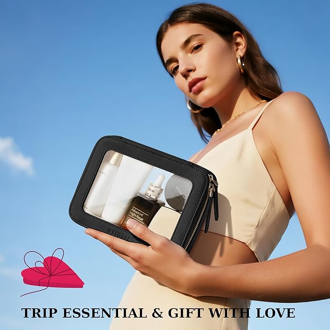 Clear Makeup Bag, Travel Toiletry Bag Cosmetic Case for Women, Waterproof Portable Make Up Skincare Pouch with Zipper, Compact Car Organizer Bag for Essentials, Medium Size, Black