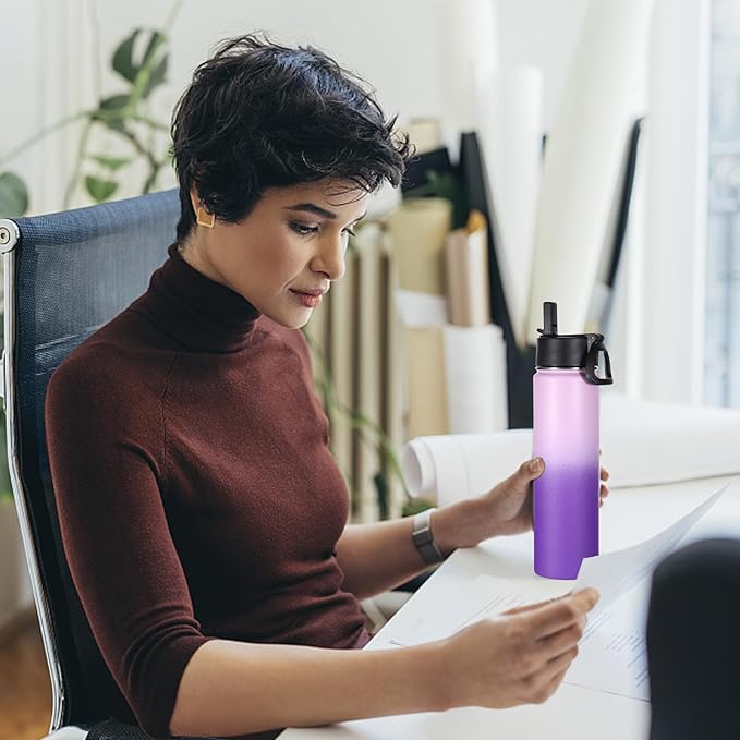 Volhoply 24oz Insulated Water Bottle With Straw Bulk 3 Pack,Metal Wide Mouth Water Bottles With Handle Keep Cold,Reusable Double Wall Cups,Powder Coated Sport Bottle For Holder(Purple,3 Count)