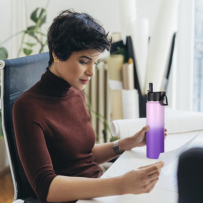 Volhoply 24oz Insulated Water Bottle With Straw Bulk 3 Pack,Metal Wide Mouth Water Bottles With Handle Keep Cold,Reusable Double Wall Cups,Powder Coated Sport Bottle For Holder(Purple,3 Count)