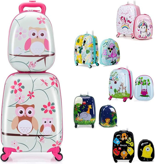 KOTEK Kids Carry On Luggage Set, 16" Hardside Rolling Suitcase with Spinner Wheels, Travel Rolling Luggage for Boys Girls (Owl)