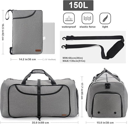 150L Duffle Bag for Travel, Extra Large Foldable Waterproof Travel Duffel Bags Weekender Overnight Bag for Men and Women with Shoe Compartment (Gray)