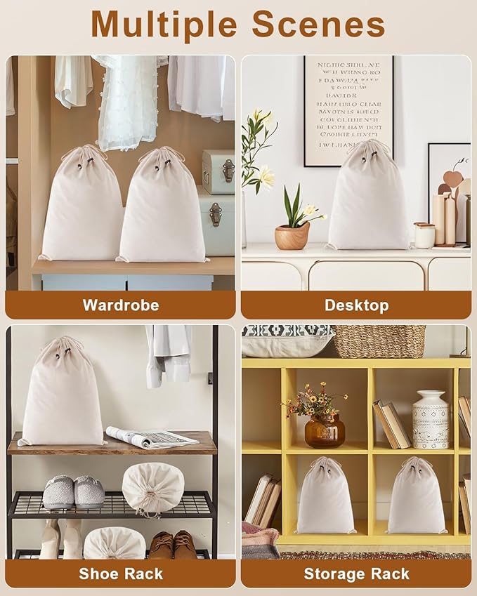 FantasyLife Shoe Bags for Travel, Washable Dust Bags for Storage & Packing, Flannel Shoe Pouch with Drawstring Closure for Purses, Handbags, Shoes & Toys (4, Beige)